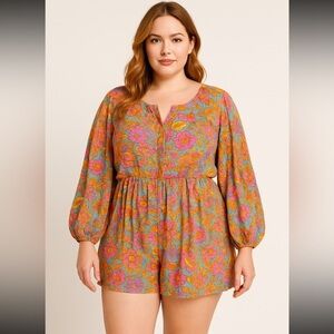 Rusttydustty Women’s 1X Floral Boho Romper Peasant Sleeve Cottagecore Chic